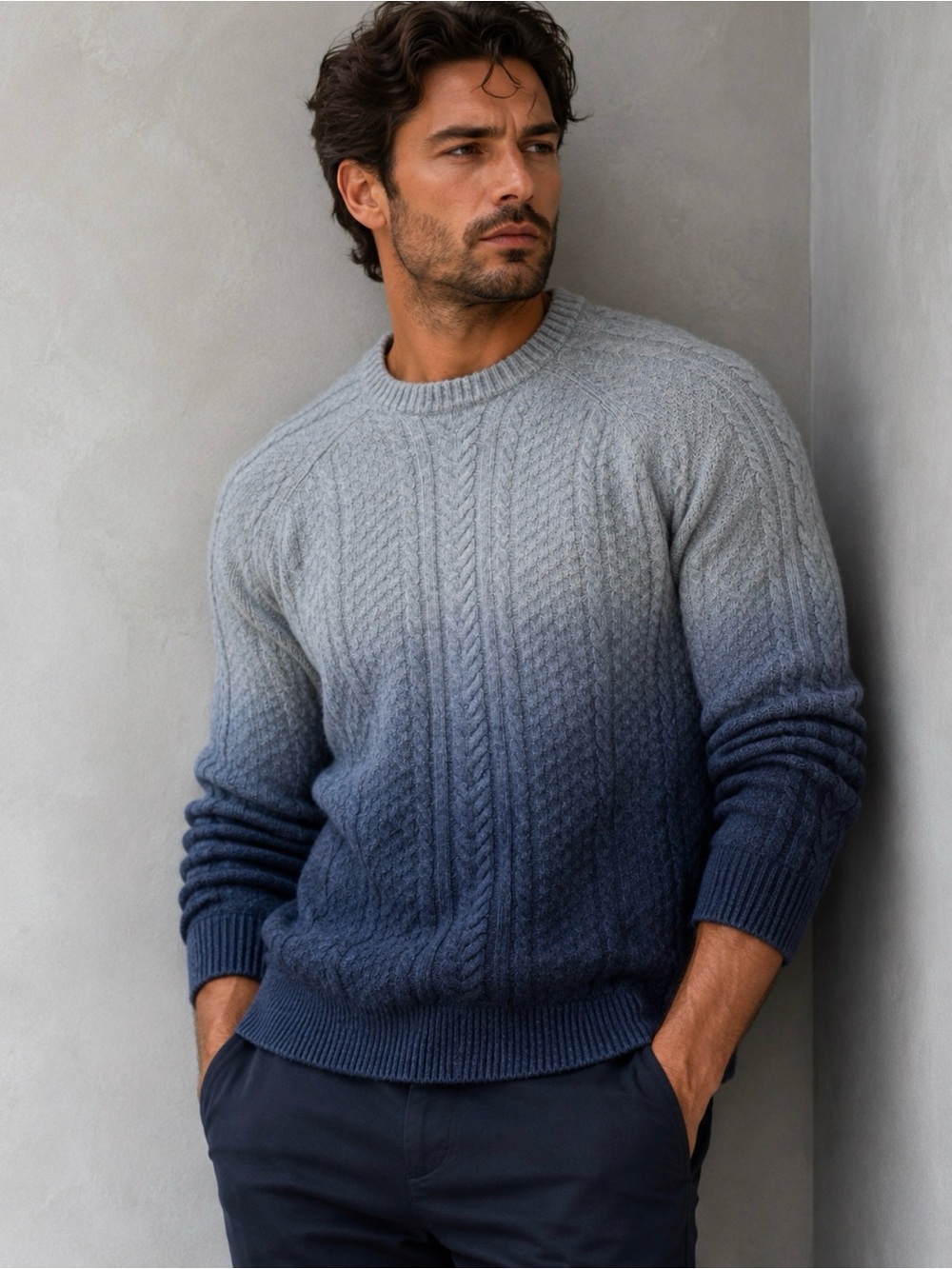 Raffi Men's 100% Cashmere Ombré Gradient Cable Knit Crewneck Sweater XXL